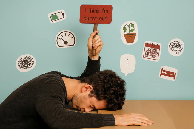 A young person sits slumped forward at a desk with their head resting on their arms, holding up a small red sign that reads “I think I’m burnt out” against a light baby blue background, while simple burnout-related icons such as a low battery, empty fuel gauge, wilting plant, overloaded calendar, stressed brain, and bed symbol float around their head to represent exhaustion and overwhelm.